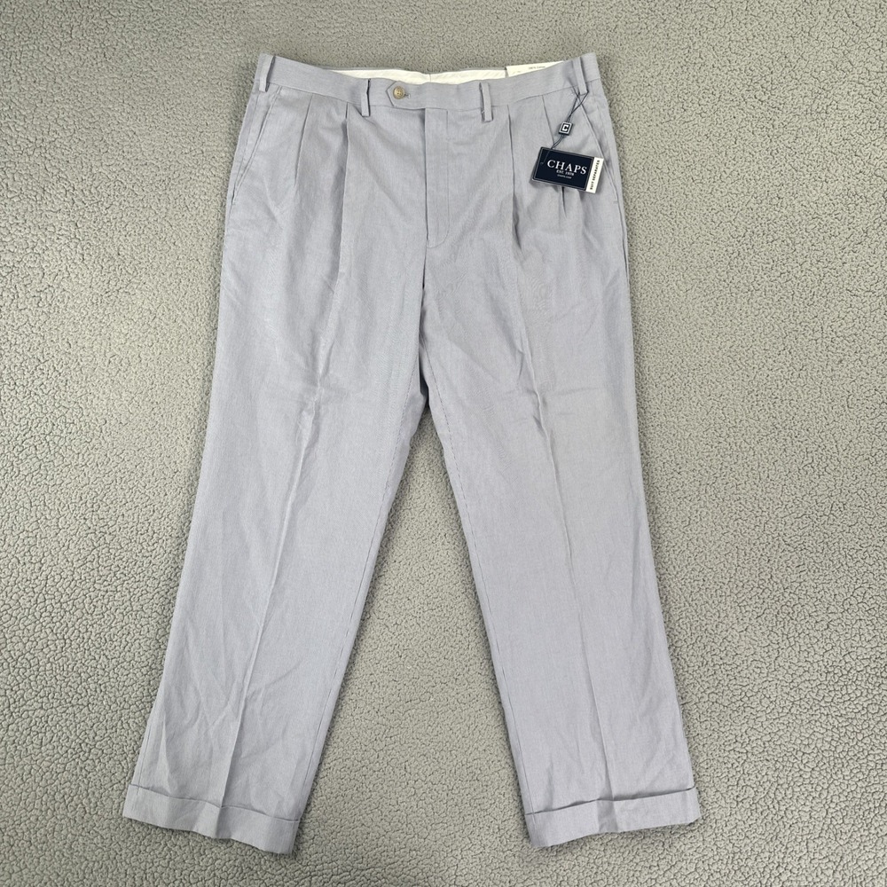 NWT Chaps Dress Pants Men 38x30 Blue White 100% Cotton Pinstripe Double Pleated